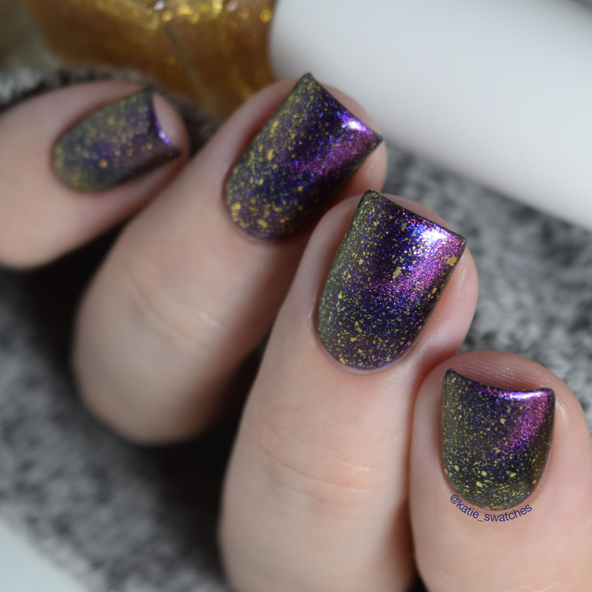 Cuticula Wonderstruck gold flake top coat layered over Polished for Days Started With A Mouse magnetic nail polish swatch - Polish Pickup February 2019 Duos & Pairs Collection