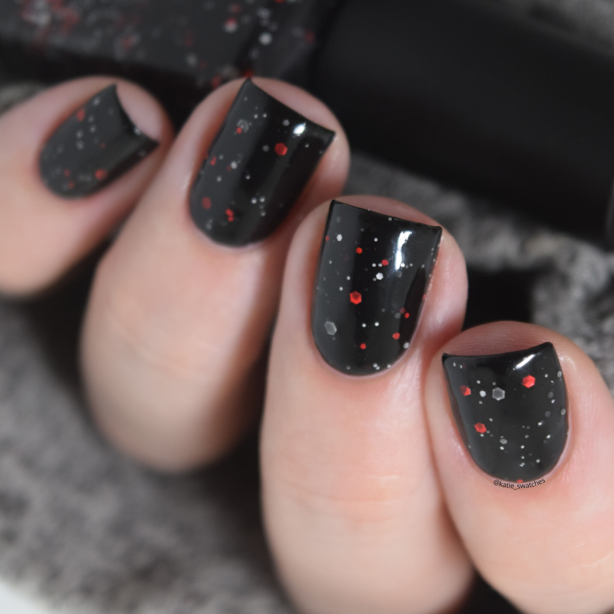 Cadillacquer Stagman black nail polish with white and red glitter Polish Pickup PPU October 2019 indie nail polish swatch