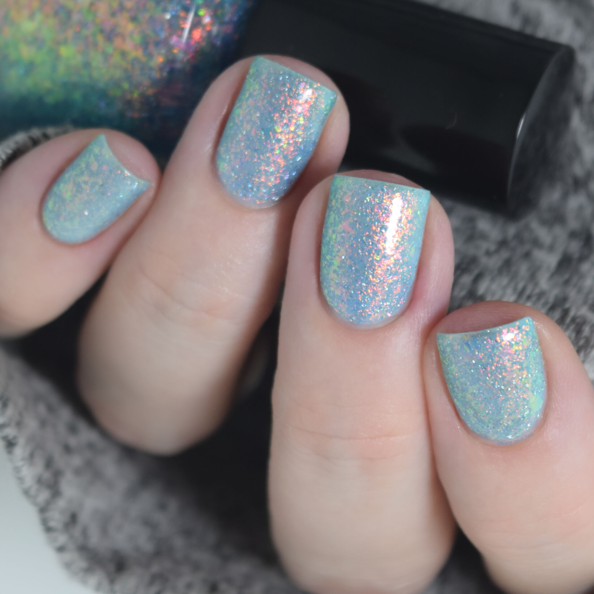 Polished for Days Fire Rainbow nail polish sheer turquoise with rainbow iridescent flakes. Polish Pickup August 2020 Exclusive nail polish swatch