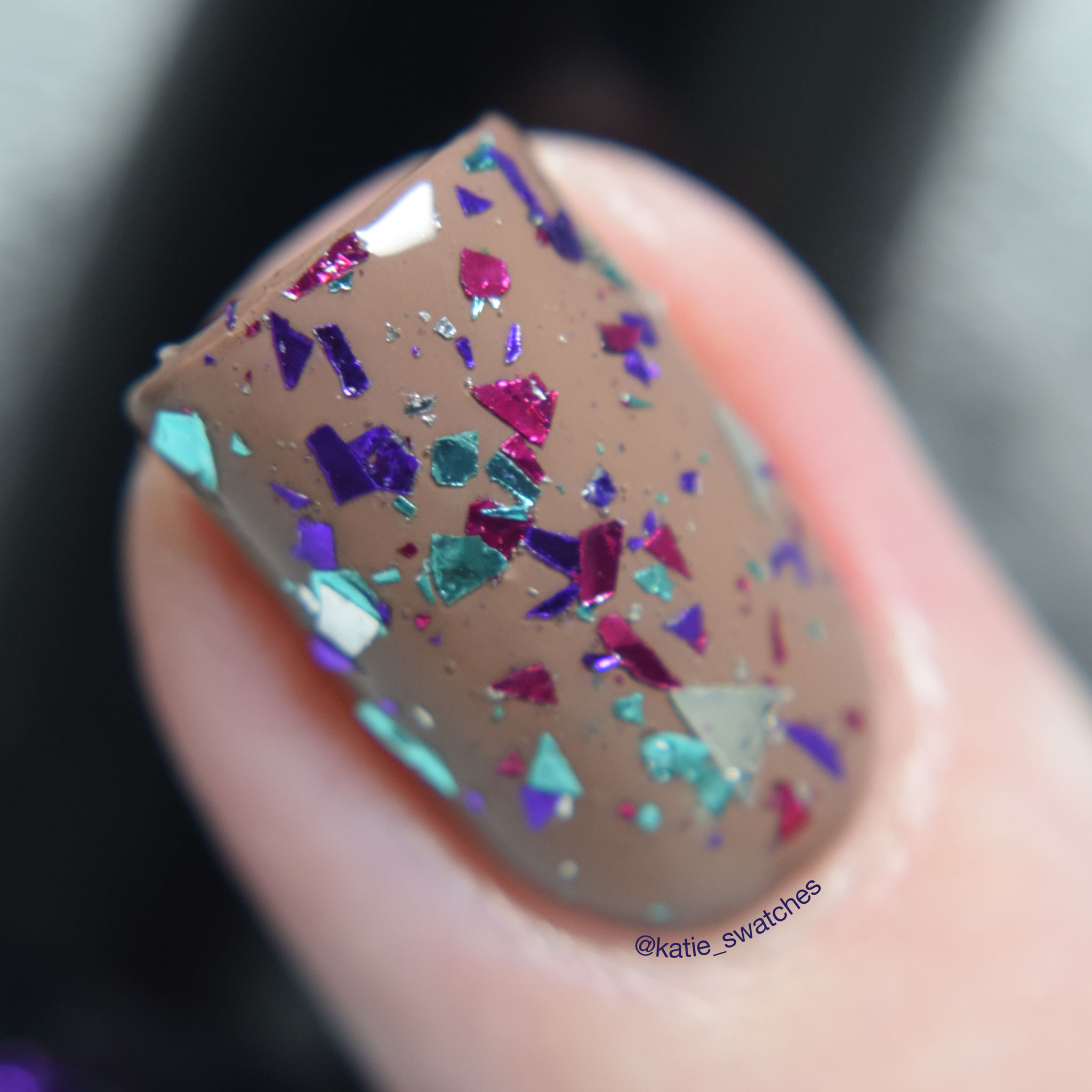 Lac Attack Muggles layered over Chanel Particuliere nail polish swatch macro - Harlow & Co. Exclusive - multi-coloured shard glitter nail polish topper