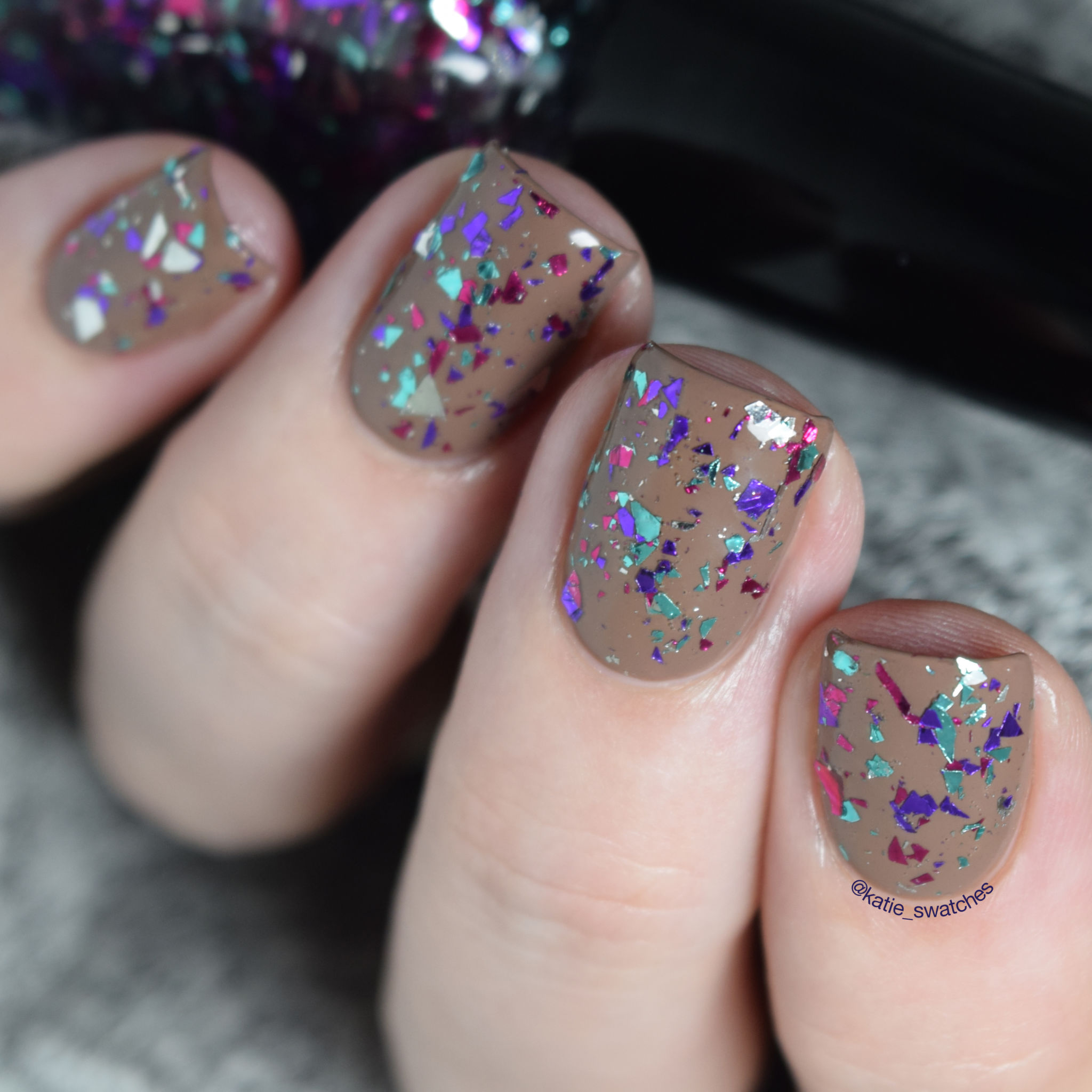 Lac Attack Muggles layered over Chanel Particuliere nail polish swatch - Harlow & Co. Exclusive - multi-coloured shard glitter nail polish topper