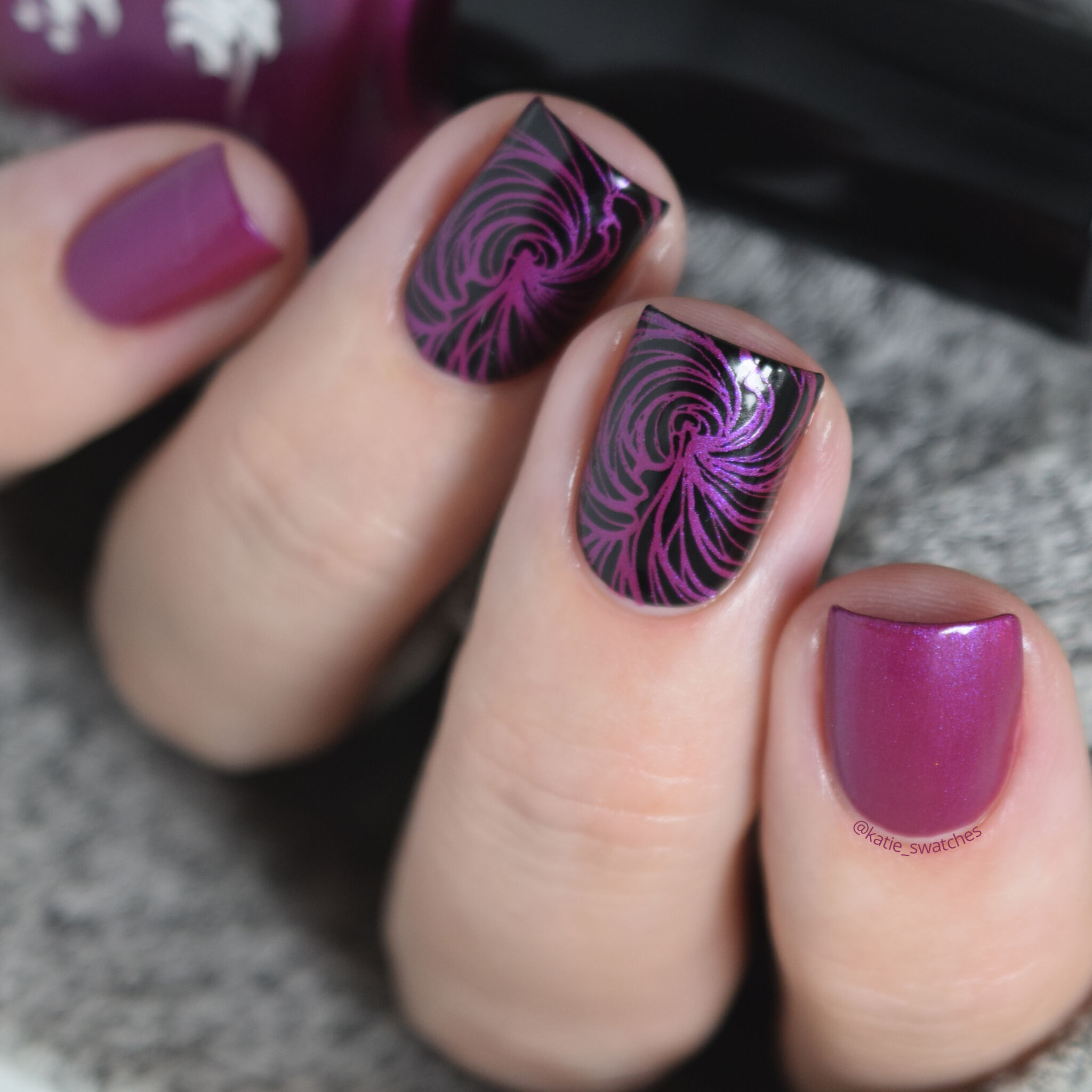 Hit the Bottle - Fuchsia Predictions nail polish swatch - Indie Expo Canada IEC VIP Bag 2019, stamped with Lina Nail Art Supplies x urbannailart collab plate