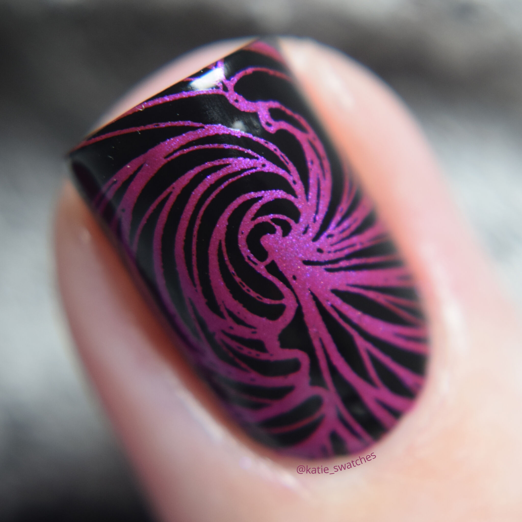 Hit the Bottle - Fuchsia Predictions nail polish swatch - Indie Expo Canada IEC VIP Bag 2019, stamped with Lina Nail Art Supplies x urbannailart collab plate