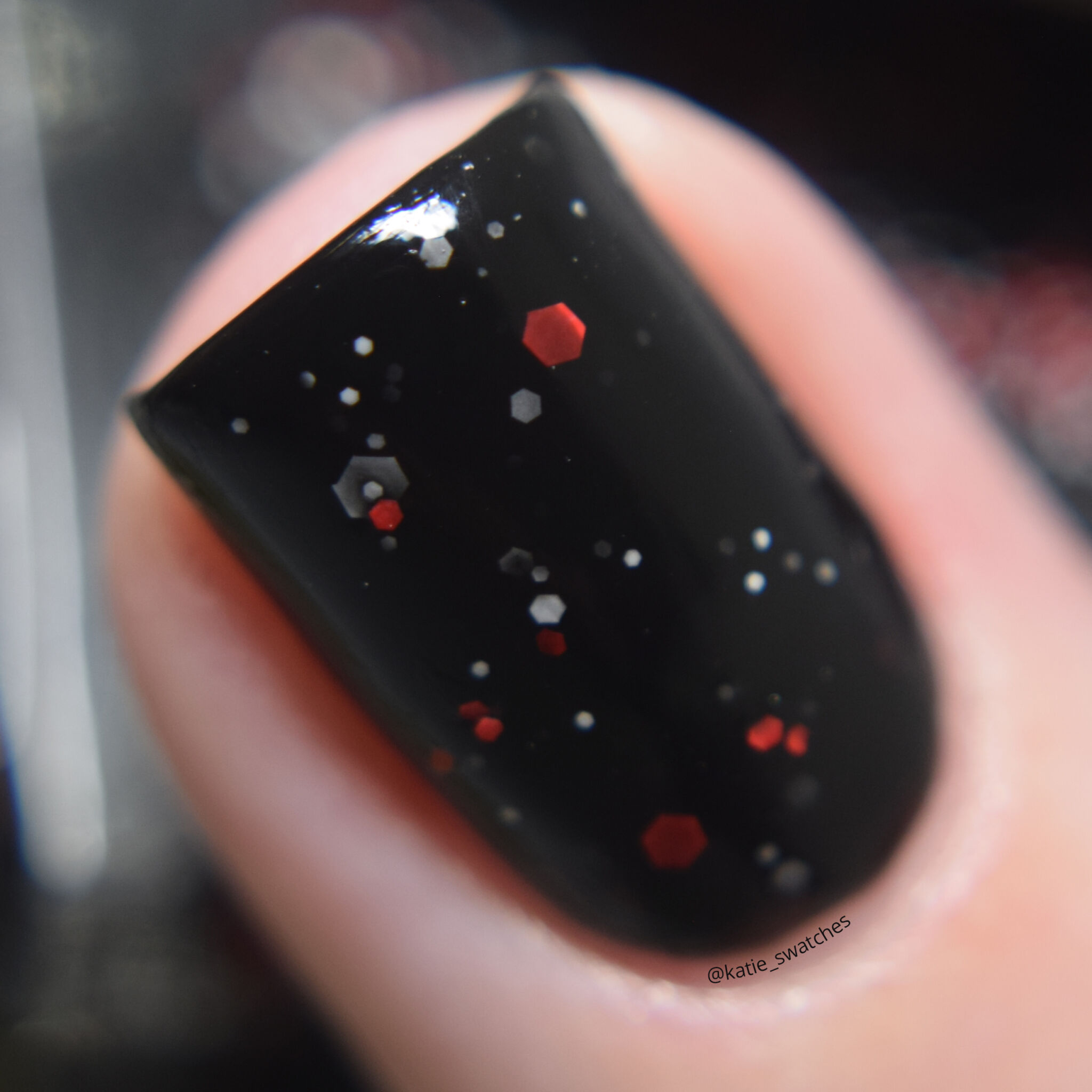 Cadillacquer Stagman black nail polish with white and red glitter Polish Pickup PPU October 2019 indie nail polish swatch