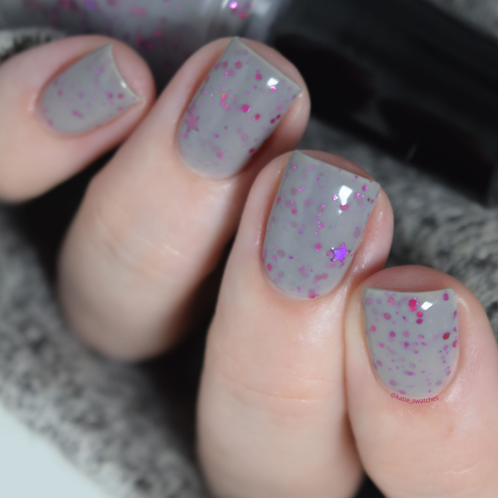 My Indie Polish - In The Beginning nail polish swatch Polish Pickup PPU March 2020. Grey crelly nail polish with metallic pink glitters