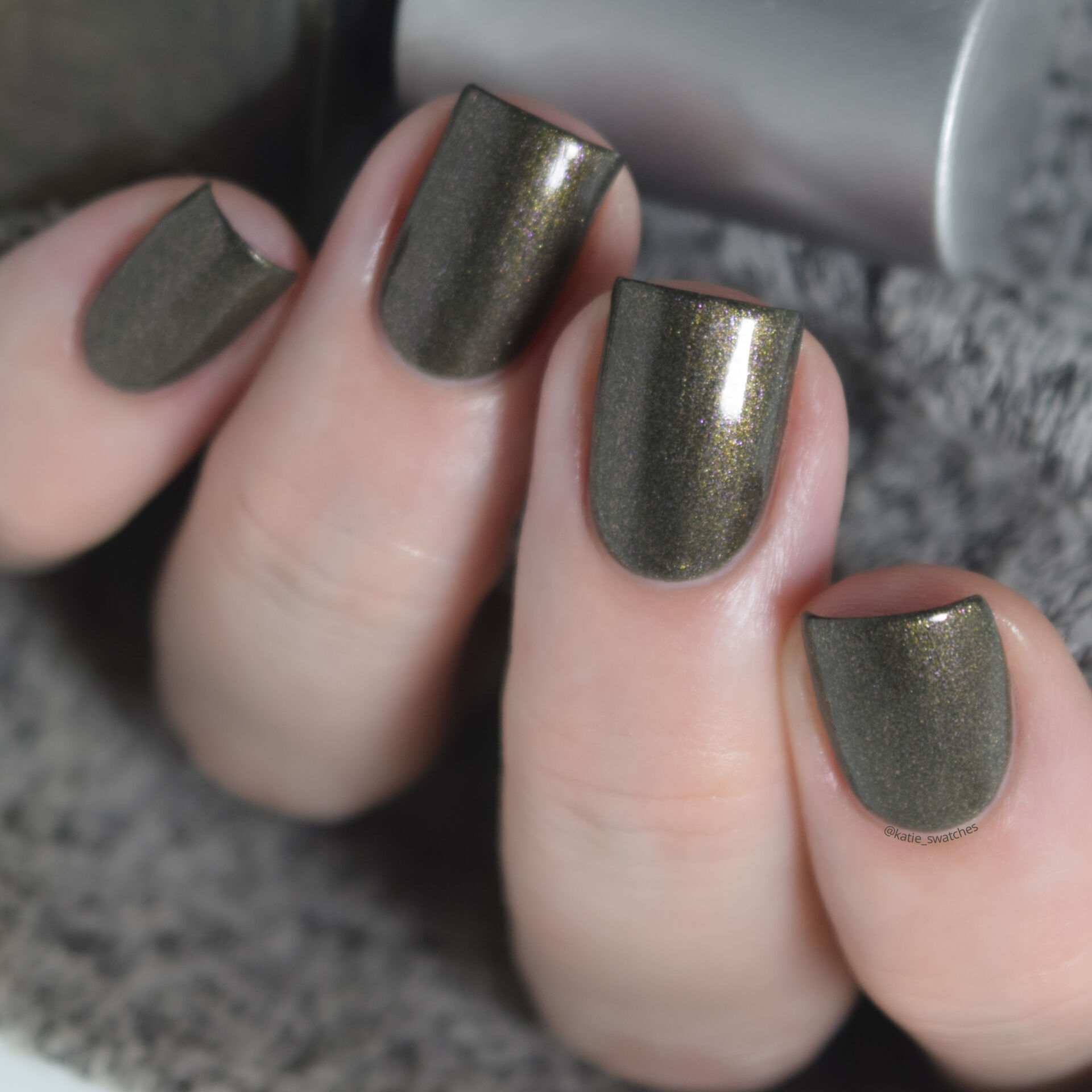 Rescue Beauty Lounge RBL Anne olive green nail polish with gold/pink shimmer. nail polish swatch