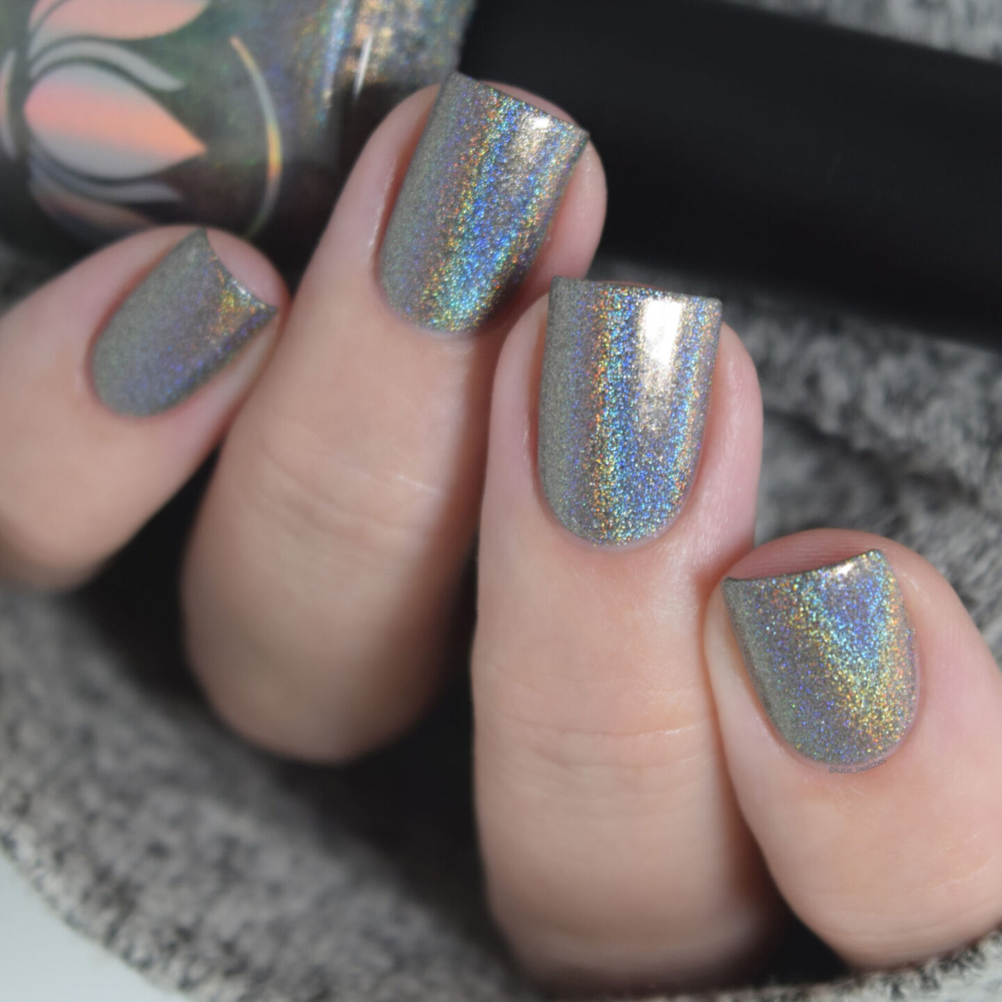 Ethereal Lacquer Mando grey beige holographic nail polish swatch The Mandalorian themed Mystery nail polish